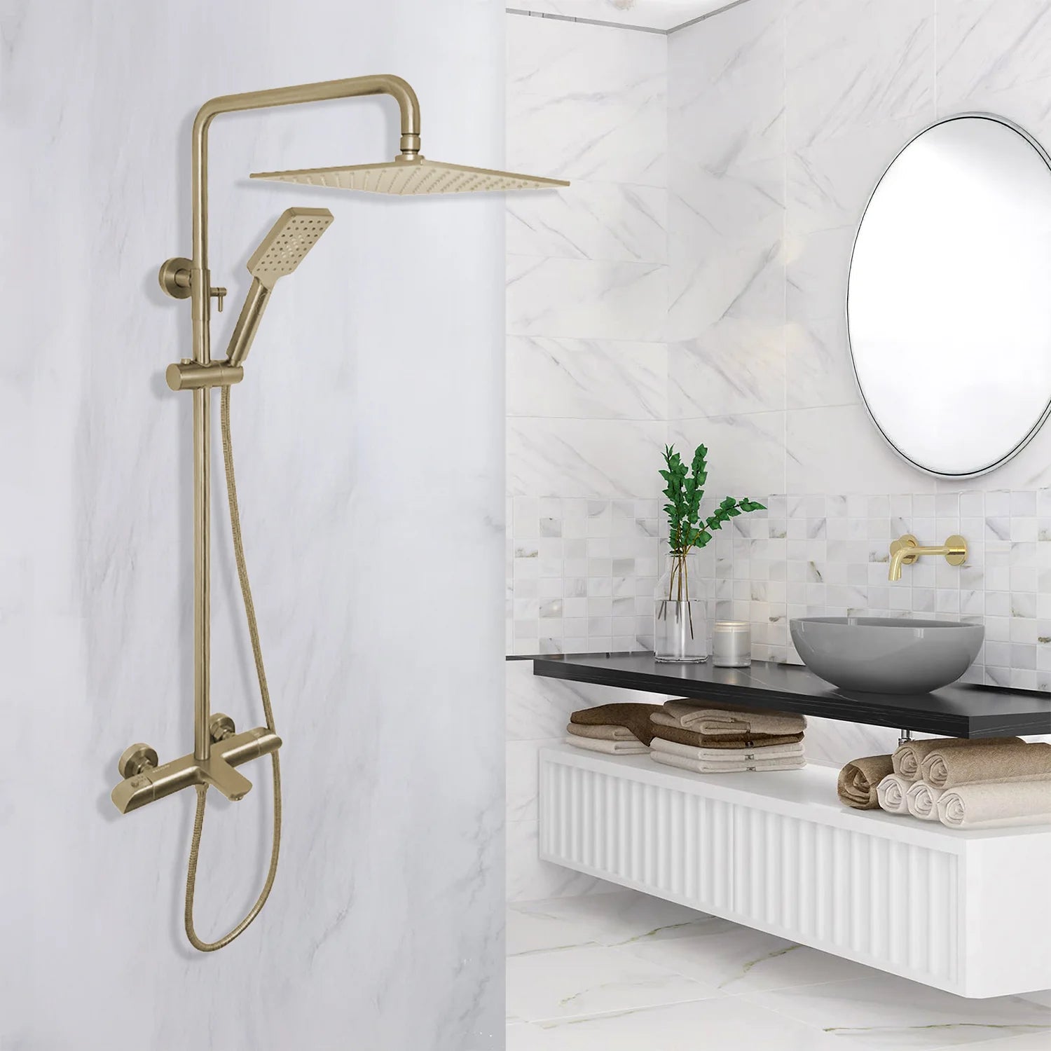 images Aquadom ZEN 3-Function Thermostatic Shower System with 10″ Square Rainfall Head Brushed GoldFinish - Image 1