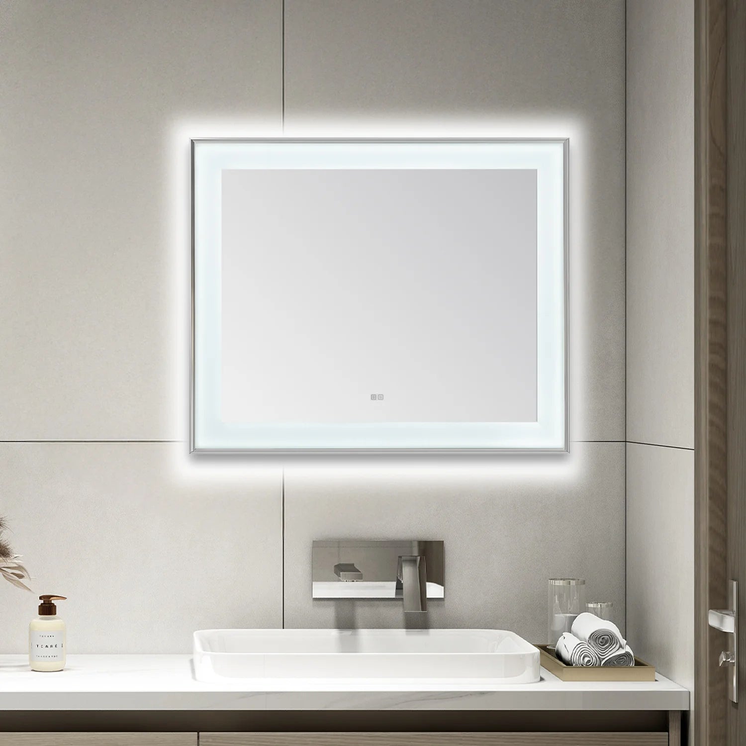 images Aquadom Lexington 48''x 36'' x 2.28'' LED Lighted Slim Frame Mirror with Defogger Chrome Finish - Image 1