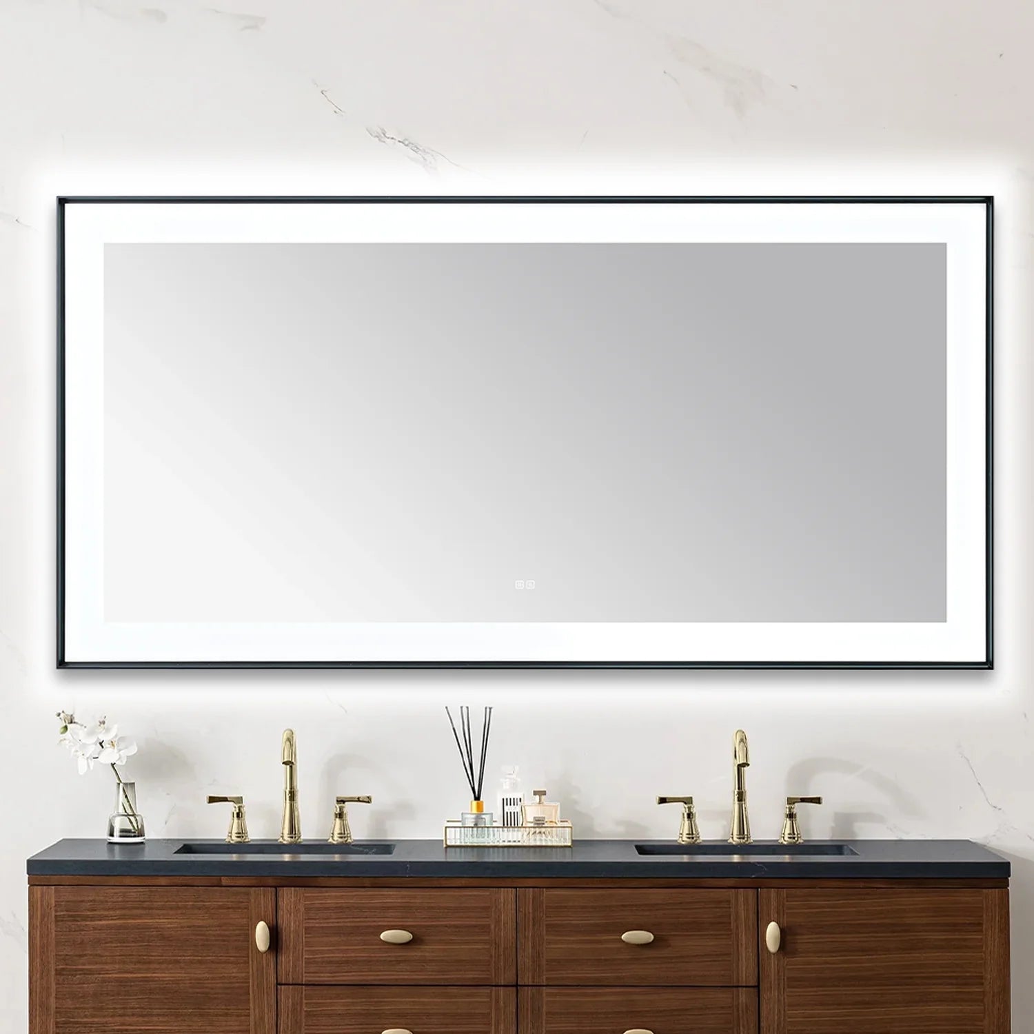 images Aquadom Lexington 72''x 36'' x 2.28'' LED Lighted Slim Frame Mirror with Defogger Matte Black Finish - Image 1