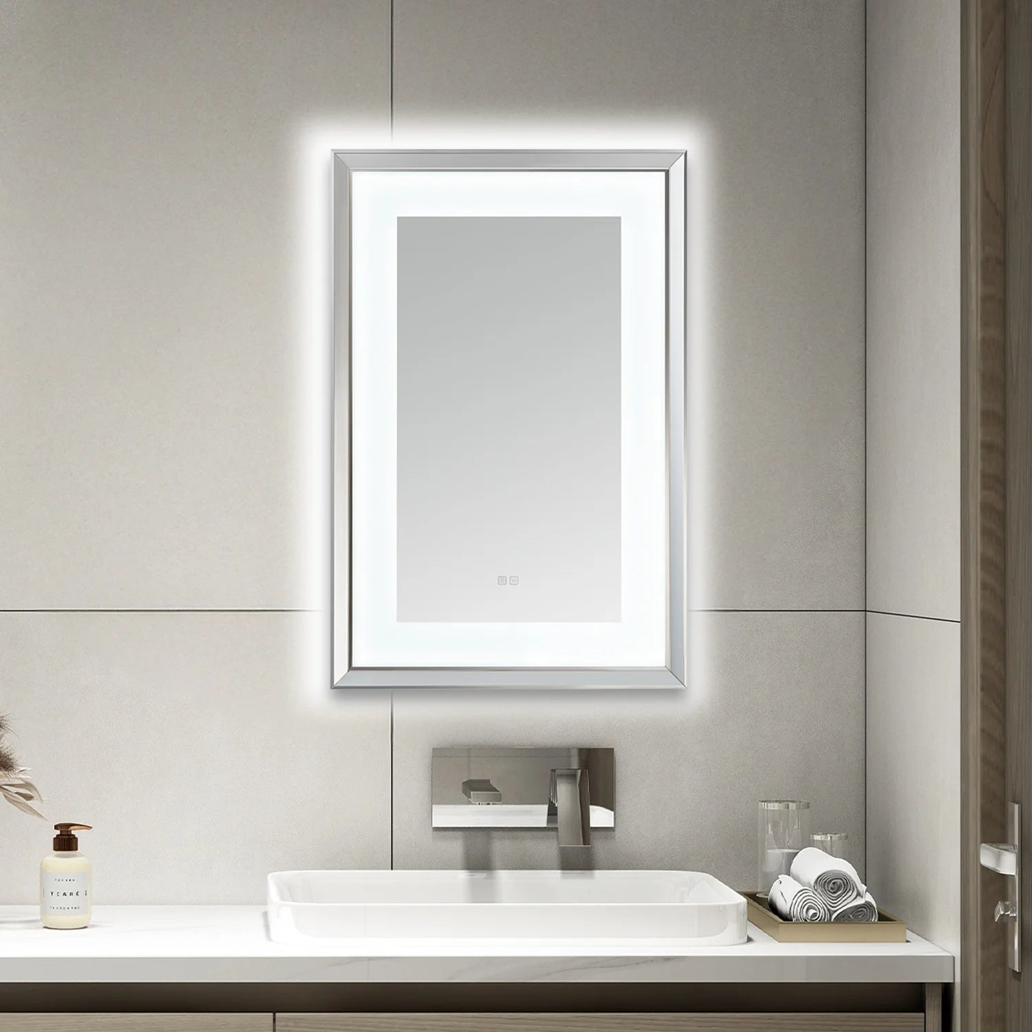 images Aquadom Madison 24''x 36'' x 2.28'' LED Lighted Chamfer Frame Mirror with Defogger Chrome - Image 1