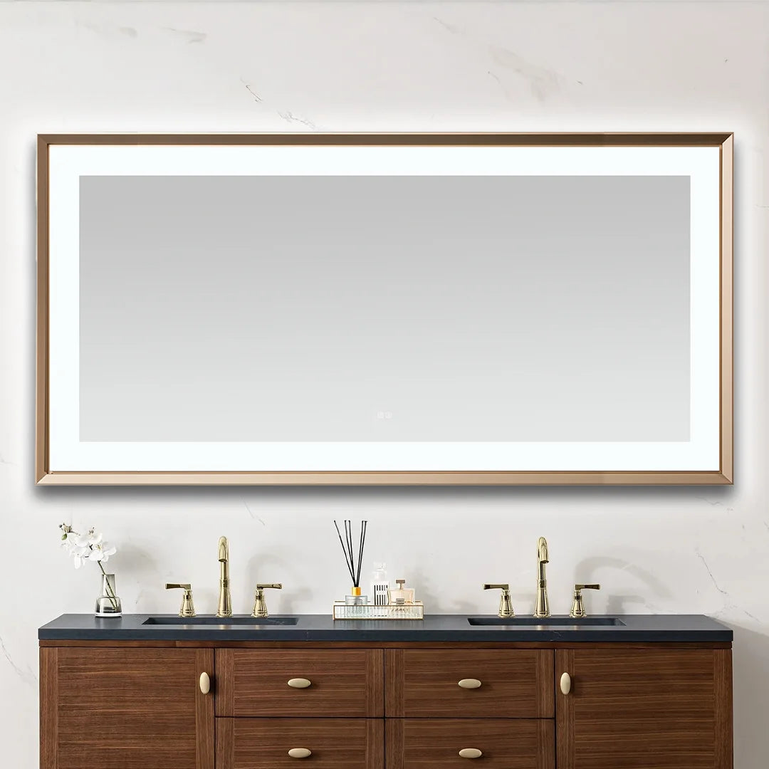 images Aquadom Madison 72''x 36'' x 2.28'' LED Lighted Chamfer Frame Mirror with Defogger Brushed Gold Finish - Image 1