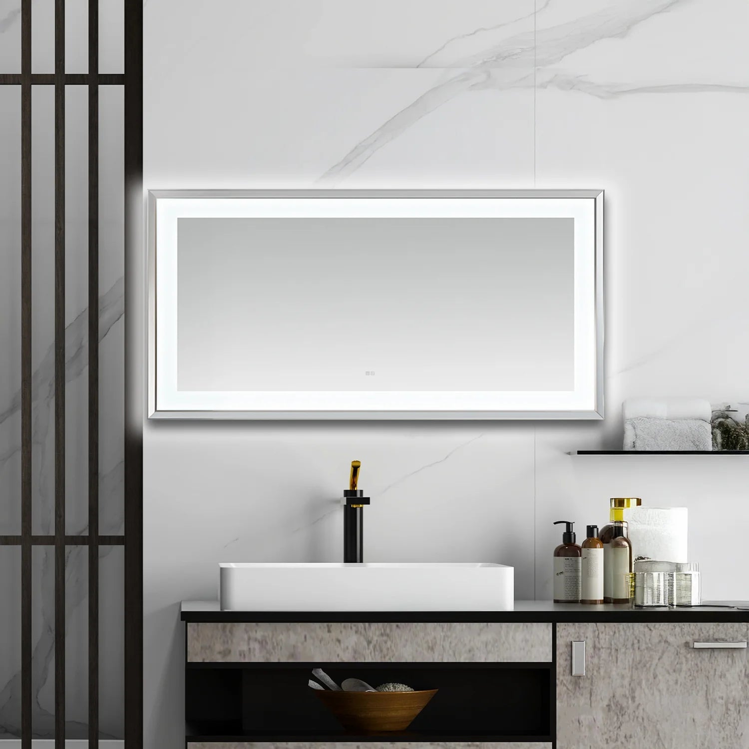 images Aquadom Madison 72''x 36'' x 2.28'' LED Lighted Chamfer Frame Mirror with Defogger Chrome Finish - Image 1