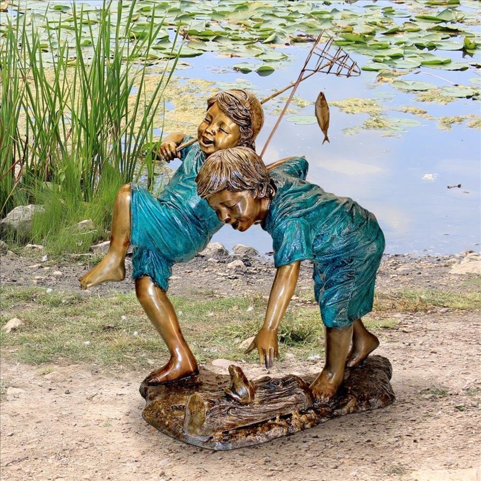 images Design Toscano Double Trouble, Fishing Boys Cast Bronze Garden Statue PN7504 - Image 1