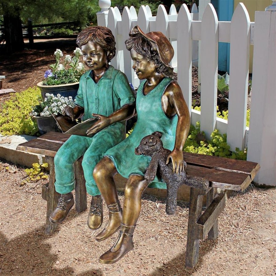 images Design Toscano Read to Me, Boy and Girl on Bench Cast Bronze Garden Statue PN7303 - Image 1