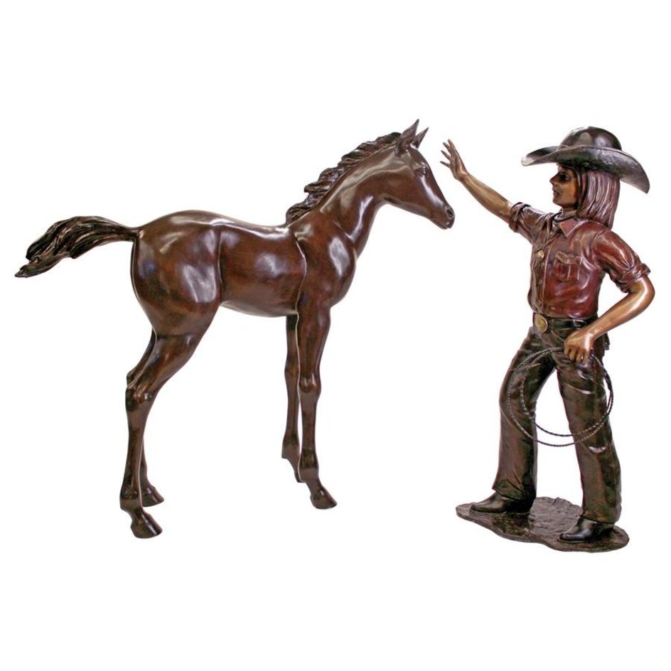 images Design Toscano Rodeo Dreams: Cowgirl with Horse Cast Bronze Garden Statue Set PB91051 - Image 1