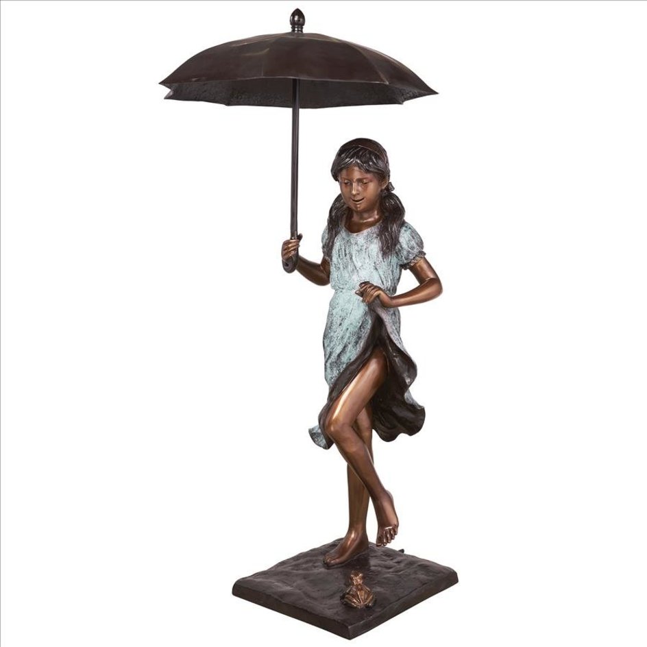 images Design Toscano Singing in the Rain Young Girl with Umbrella Cast Bronze Garden Statue DK1889 - Image 1