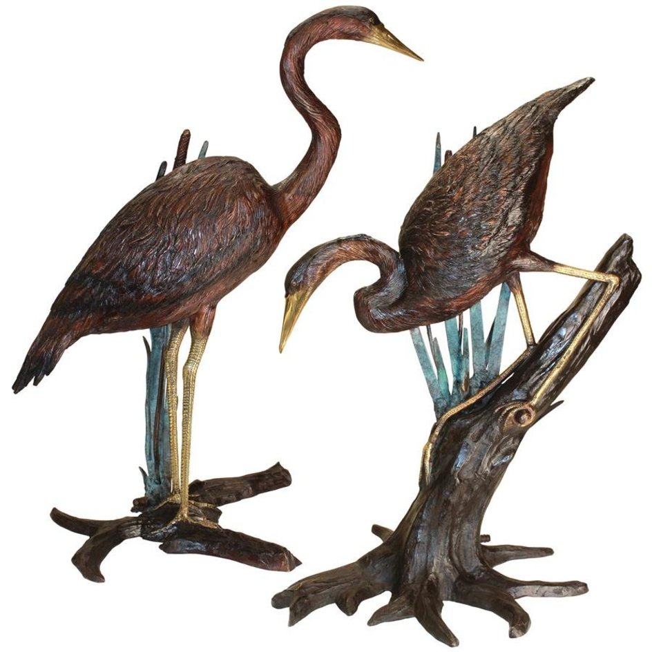 images Design Toscano Standing and Fishing Herons in Reeds Bronze Statues: Set of Two KW98111 - Image 1