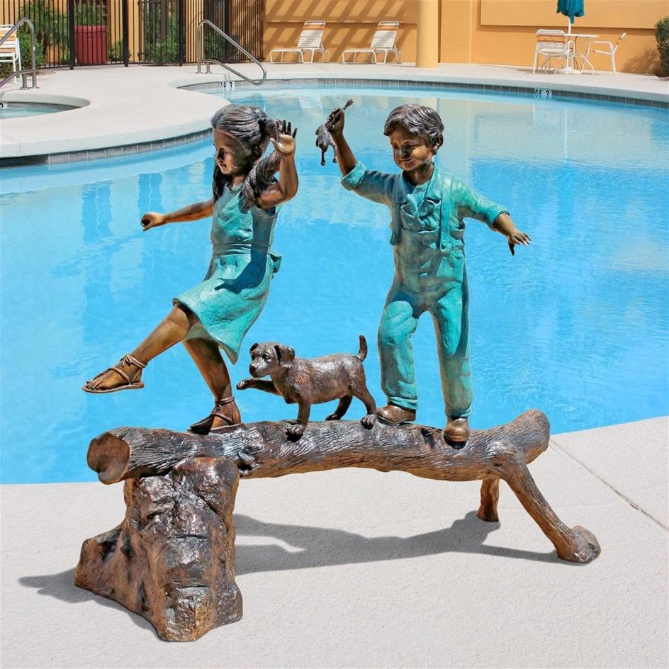 images Design Toscano The Adventure, Boy and Girl on Log Cast Bronze Garden Statue PN7064 - Image 1