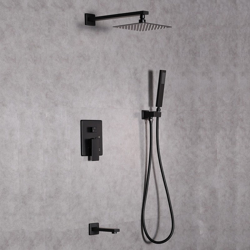 images Eviva Beverly Matte Black Wall-Mounted Squared Shower Head With Hand Shower and Tub Faucet EVSH548BBL - Image 1