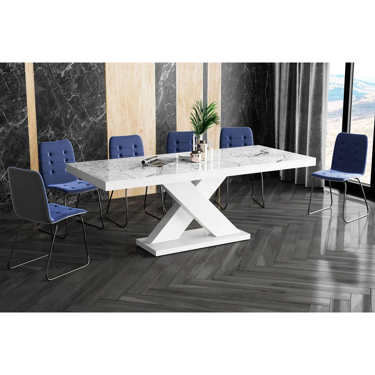 images Maxima House Xena 7pcs Modern Glossy Extendable Dining Table Set with 2 Self-storing Leaves plus 6 chairs HU0108K-321B - Image 1