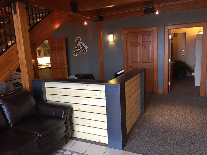 images Modern Reception Office Desk | Pine Front Desk with Steel Frame & Wire Grommets - Image 1