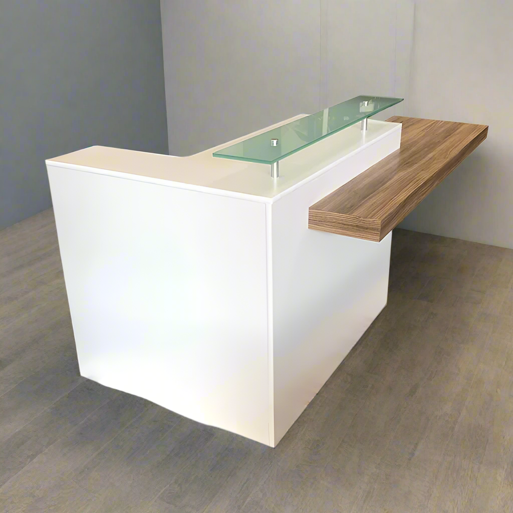 images L‑Shape Reception Counter – Modern Flat‑Pack Front Desk in White Laminate with Glass Riser & Storage - Image 1