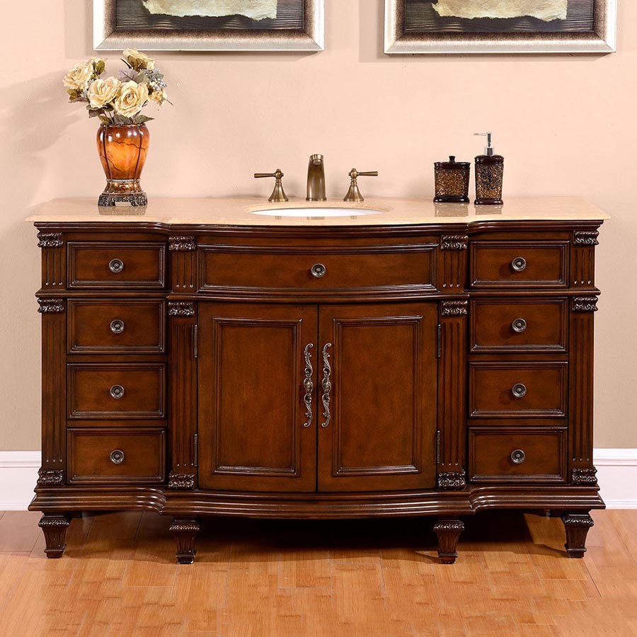 images Silkroad Exclusive 60'' Travertine Top Single Sink Bathroom Vanity - HYP-0277-T-UWC-60 - Image 1