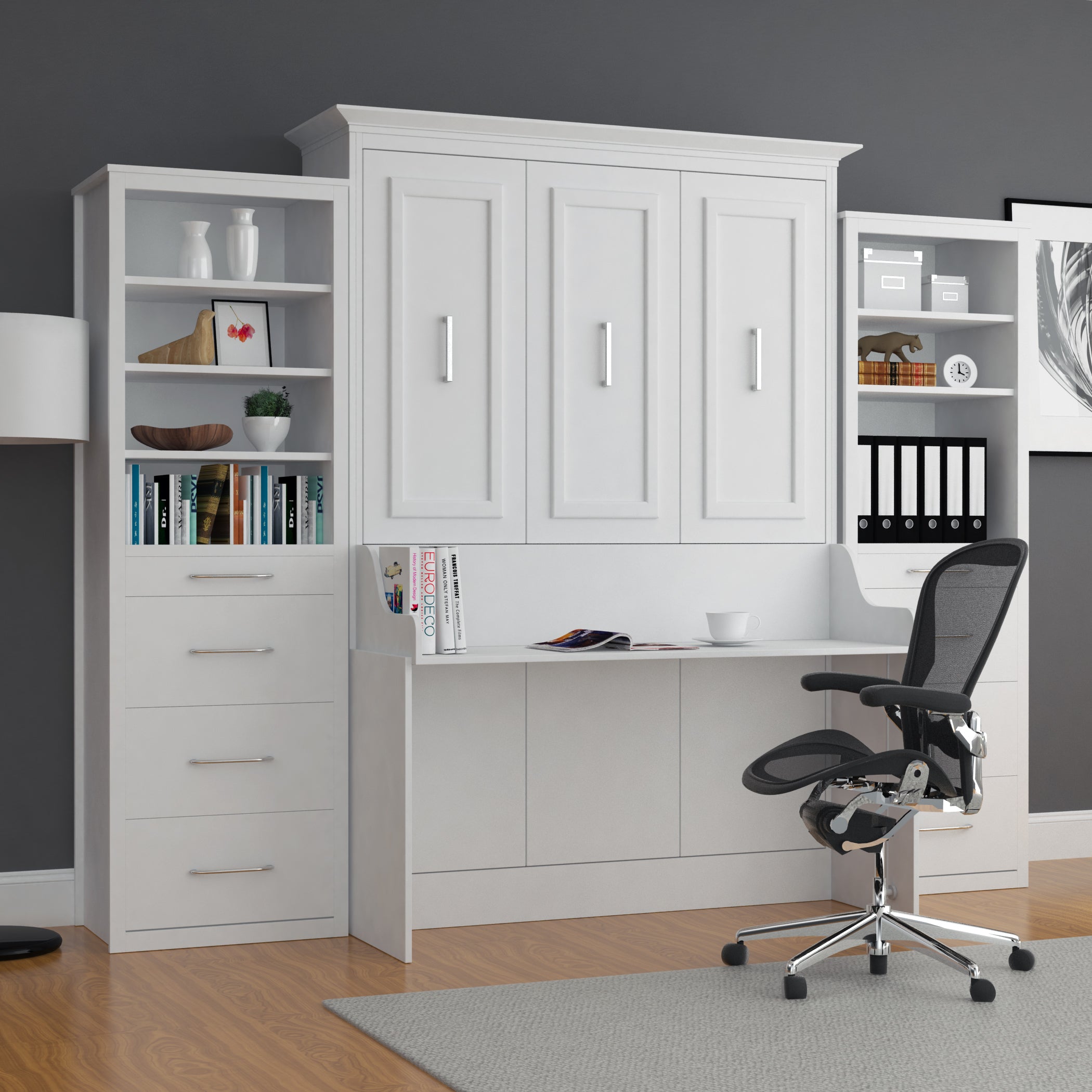 images Murphy Bed With Desk & 2 Storage Cabinets, Double Size, White by Leto Muro - Image 1