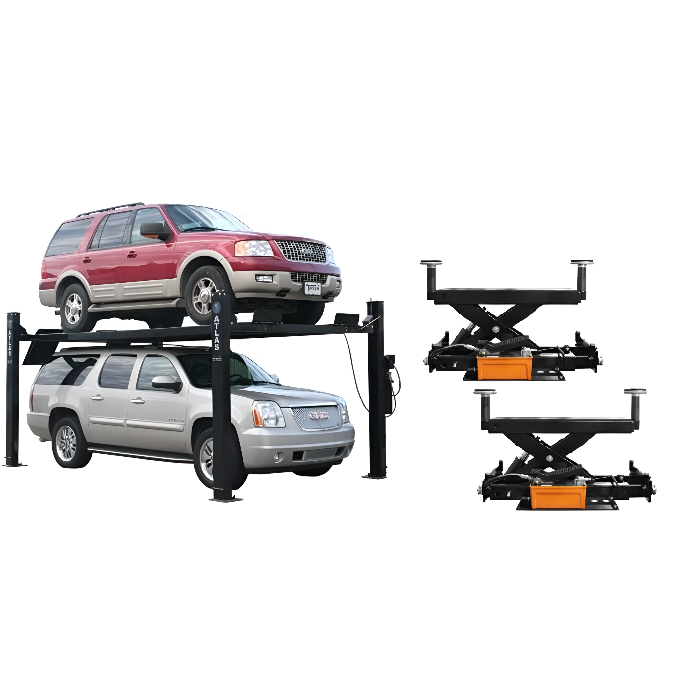Atlas-automotive-equipment-PRO9000-4-post-lift_RJ6-rolling-jacks-combo-XH-PRO9-COMBO2-FPD.png Atlas Equipment PRO9000 4-Post Car Lift with RJ6 Rolling Jacks Combo – 9,000 lb Capacity | Heavy-Duty Hydraulic Lift System for Professional Garages & Home Workshops (Model XH-PRO9-COMBO2-FPD) - Image 1