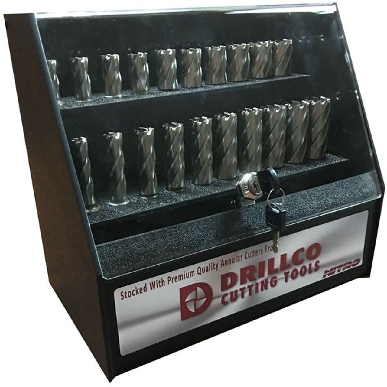 Drillco-cutting-tools-72Pc-annular-cutter-display-1-_-2-OAL-9200CT-912CT72D.jpg Annular Cutter Display 1 & 2 OAL-9200CT | 72 Pc | Drillco 912CT72D - Image 1