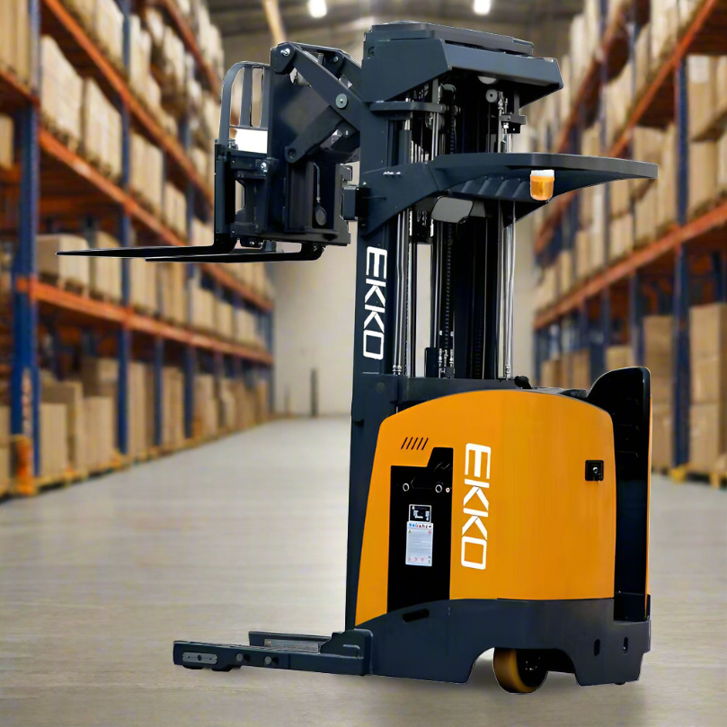EKKO-EK18RRL-Electric-Stand-Up-Narrow-Aisle-Reach-Truck-4000-lbs-Capacity-196-Height_2024-06-11T18_56_24.594Z.png Electric Reach Truck | 4000 lbs. Capacity | Lift Height 196'' | EKKO EK18RRL - Image 1
