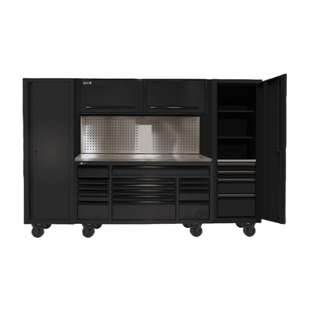 Hhomak-manufacturing-120in-R0S-PRO-CTS-roller-cabinet-_-side-lockers-combo-with-toolboard-backsplash-black-HOMBKCTS12002.png Homak Manufacturing 120" RS PRO CTS Roller Cabinet & Side Lockers Combo with Toolboard Backsplash - Black HOMBKCTS12002 - Image 1