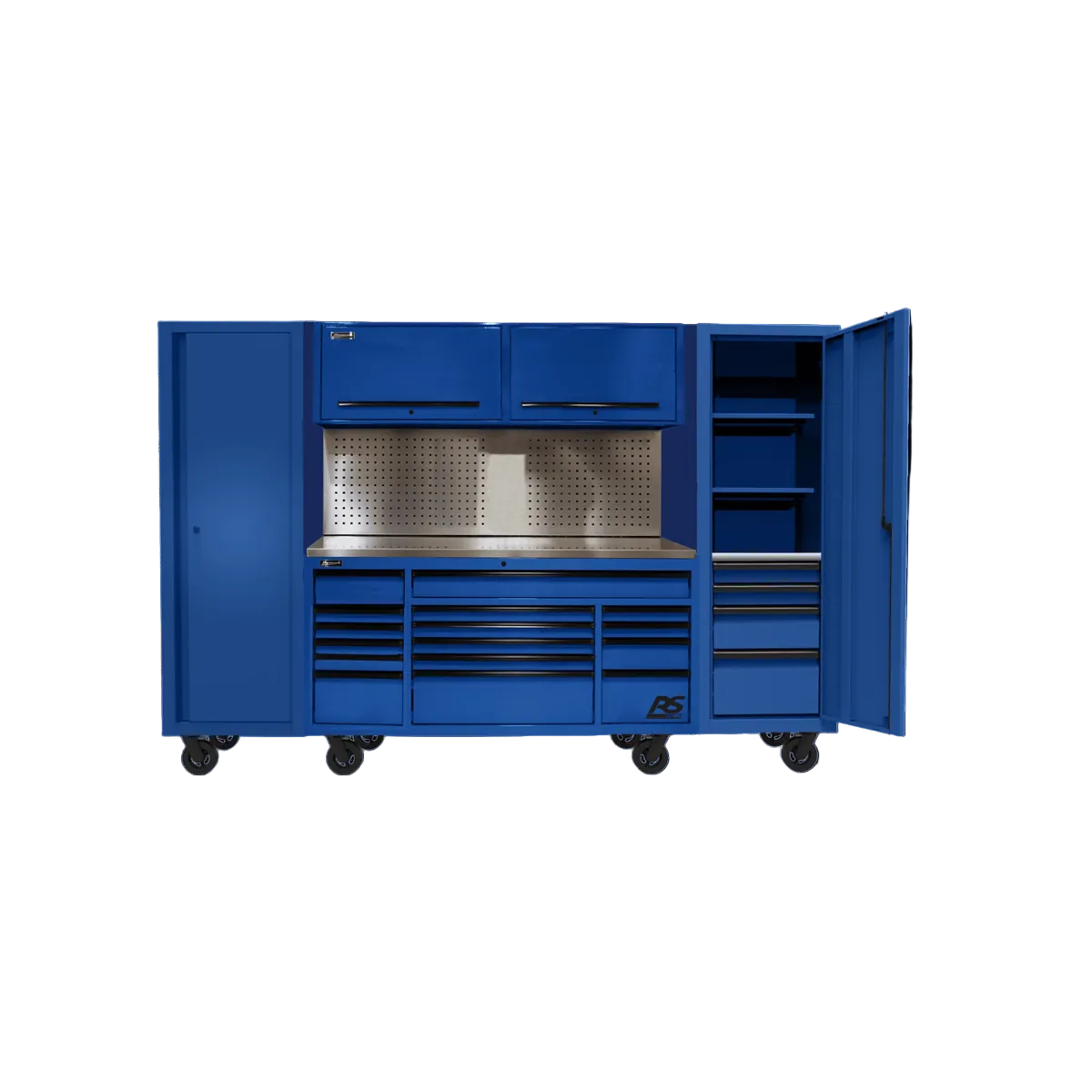 Hhomak-manufacturing-120in-RS-PRO-CTS-roller-cabinet-_-side-lockers-combo-with-toolboard-backsplash-blue-HOMBLCTS12002.png Homak Manufacturing 120'' RS PRO CTS Roller Cabinet & Side Lockers Combo with Toolboard Backsplash - Blue HOMBLCTS12002 - Image 1