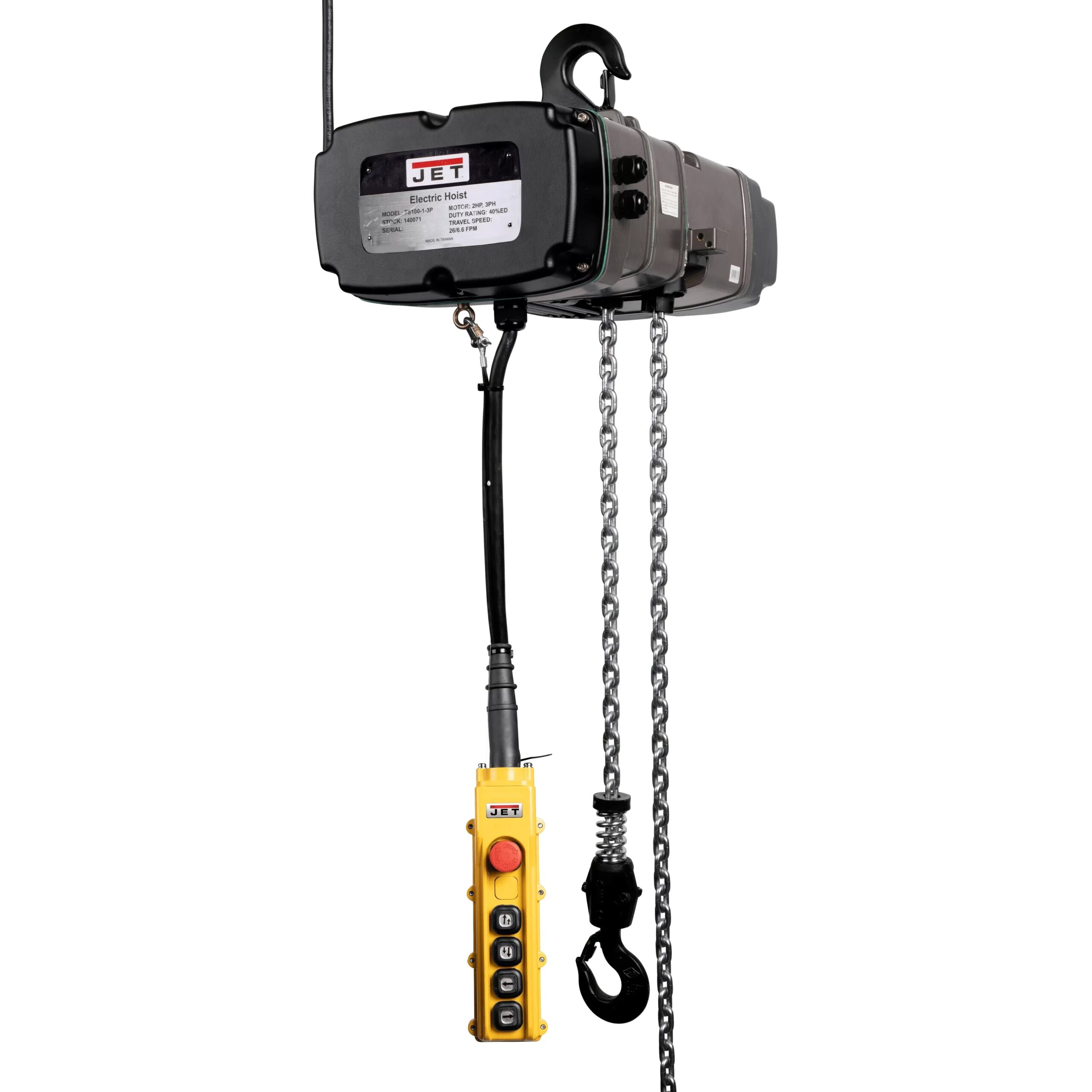 JET-2-ton-two-speed-electric-chain-hoist-3-phase-10_-lift-with-trolley-_-4-button-wired-pendant-JT9-140239K.jpg Electric Chain Hoist | Two Speed | 2 Ton | 10' Lift | JET JT9-140239K - Image 1