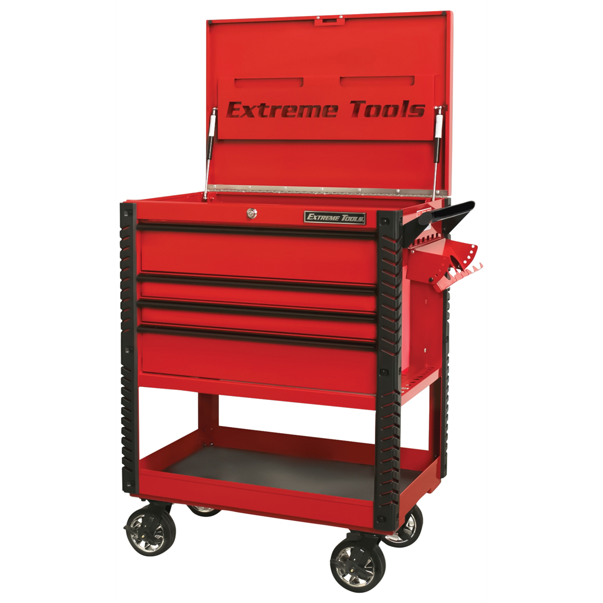 extreme-tools-33inch-4-drawer-deluxe-tool-cart-with-bumpers_-red-with-black-EXTEX3304TCRDBK.png Extreme Tools 33" 4-Drawer Deluxe Tool Cart w/Bumpers, Red with Black EXTEX3304TCRDBK - Image 1