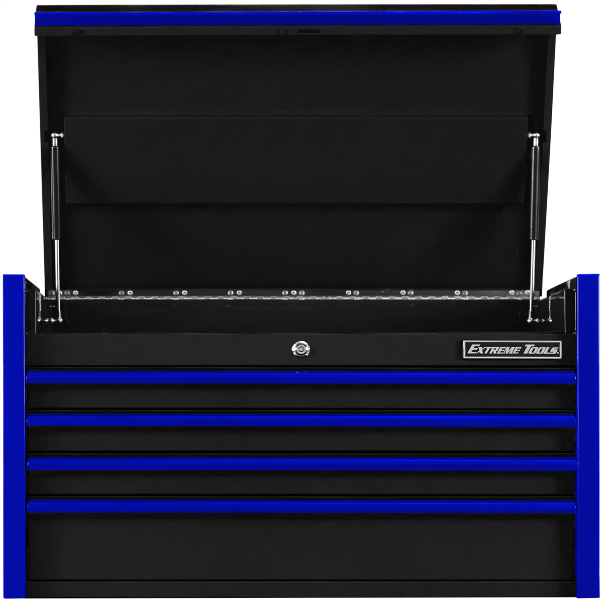 extreme-tools-DX-series-41in-_in-X-25in-D-4-drawer-top-chest_100lbs-slides-black-with-blue-drawer-pulls-EXTDX412504CHBKBL.png Extreme Tools DX Series 41'' W X 25'' D 4 Drawer Top Chest 100 lbs Slides, Black with Blue Drawer Pulls, EXTDX412504CHBKBL - Image 1
