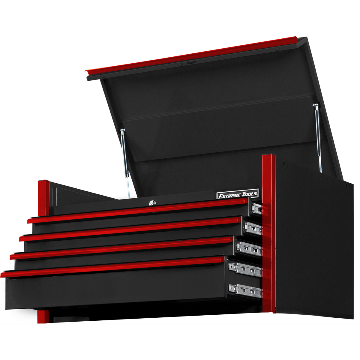 extreme-tools-DX-series-41in-_in-X-25in-D-4-drawer-top-chest_100lbs-slides-black-with-red-drawer-pulls-EXTDX412504CHBKRD.png Extreme Tools DX Series 41'' W X 25'' D 4 Drawer Top Chest, 100 lbs Slides, Black with Red Drawer Pulls EXTDX412504CHBKRD - Image 1