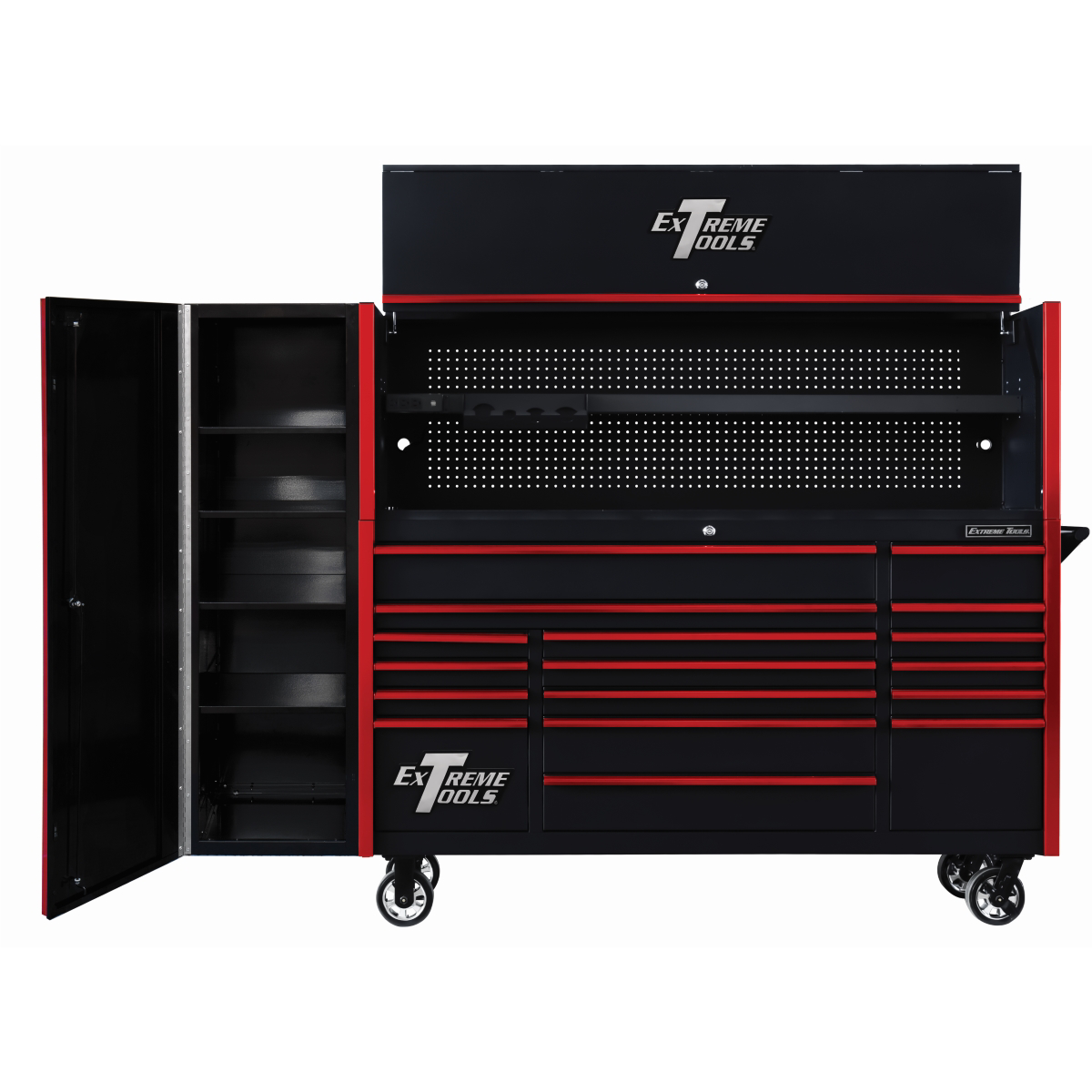 extreme-tools-DX-series-72in-W-x-21in-D-extreme-power-workstation-hutch-17-drawer-roller-cabinet-and-19in-side-locker-combo-black-w-red-drawer-pulls-EXTDX72HRSKR.png Extreme Tools DX Series 72” Professional Workstation Combo – 17 Drawer Roller Cabinet, Hutch & Side Locker (Black/Red) EXTDX72HRSKR - Image 1