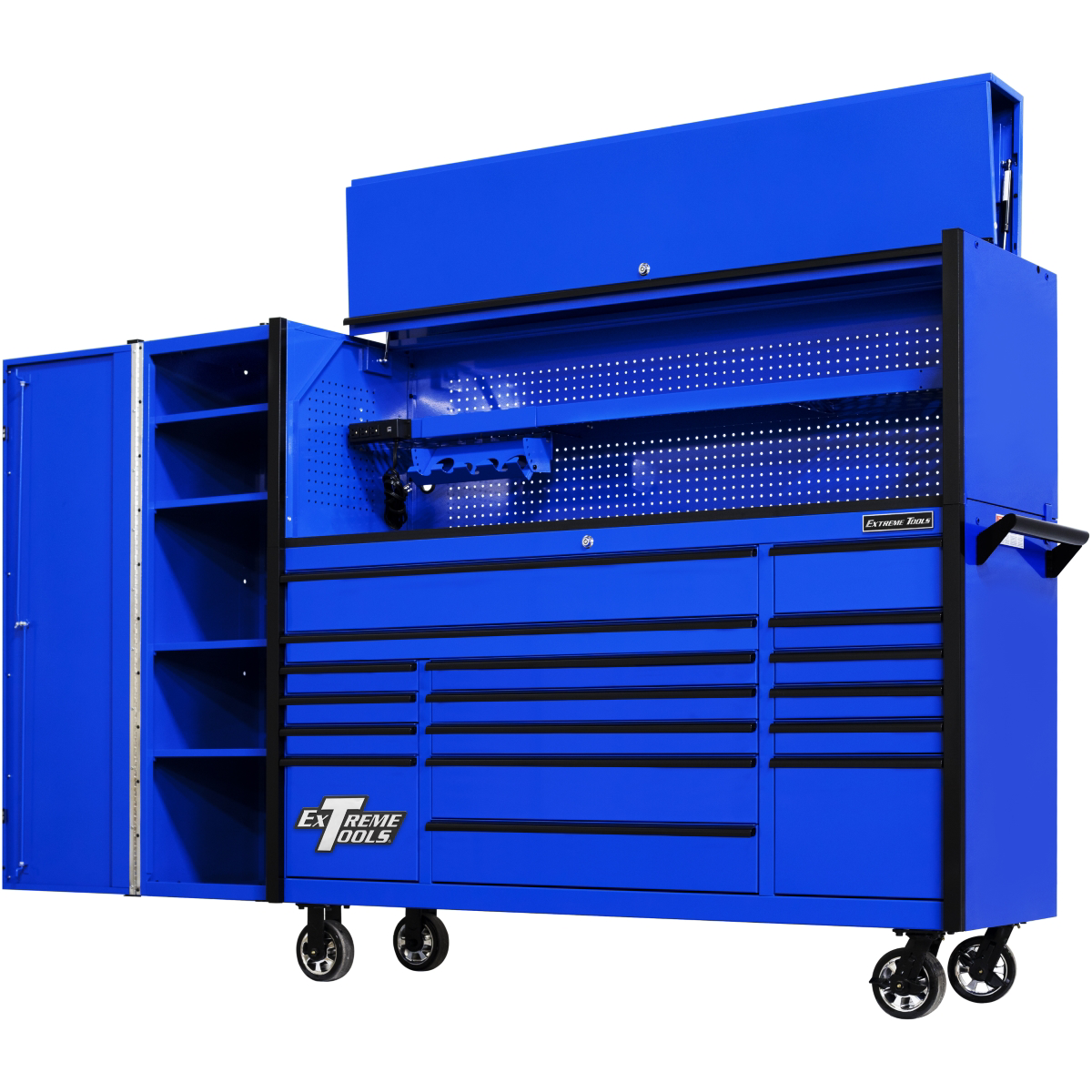 extreme-tools-DX-series-72in-W-x-21in-D-extreme-power-workstation-hutch-17-drawer-roller-cabinet-and-19in-side-locker-combo-blue-w-black-drawer-pulls-EXTDX72HRSUK.png Extreme Tools DX Series 72” Professional Workstation Combo – 17 Drawer Roller Cabinet, Hutch & Side Locker (Blue/Black) EXTDX72HRSUK - Image 1