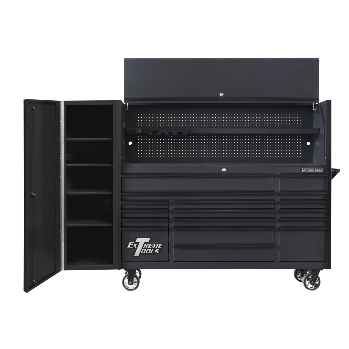 extreme-tools-DX-series-72in-W-x-21in-D-extreme-power-workstation-hutch-17-drawer-roller-cabinet-and-19in-side-locker-combo-matte-black-w-black-drawer-pulls-EXTDX72HRSMK.png Extreme Tools DX Series 72” Professional Workstation Combo – 17 Drawer Roller Cabinet, Hutch & Side Locker (Matte Black) EXTDX72HRSMK - Image 1