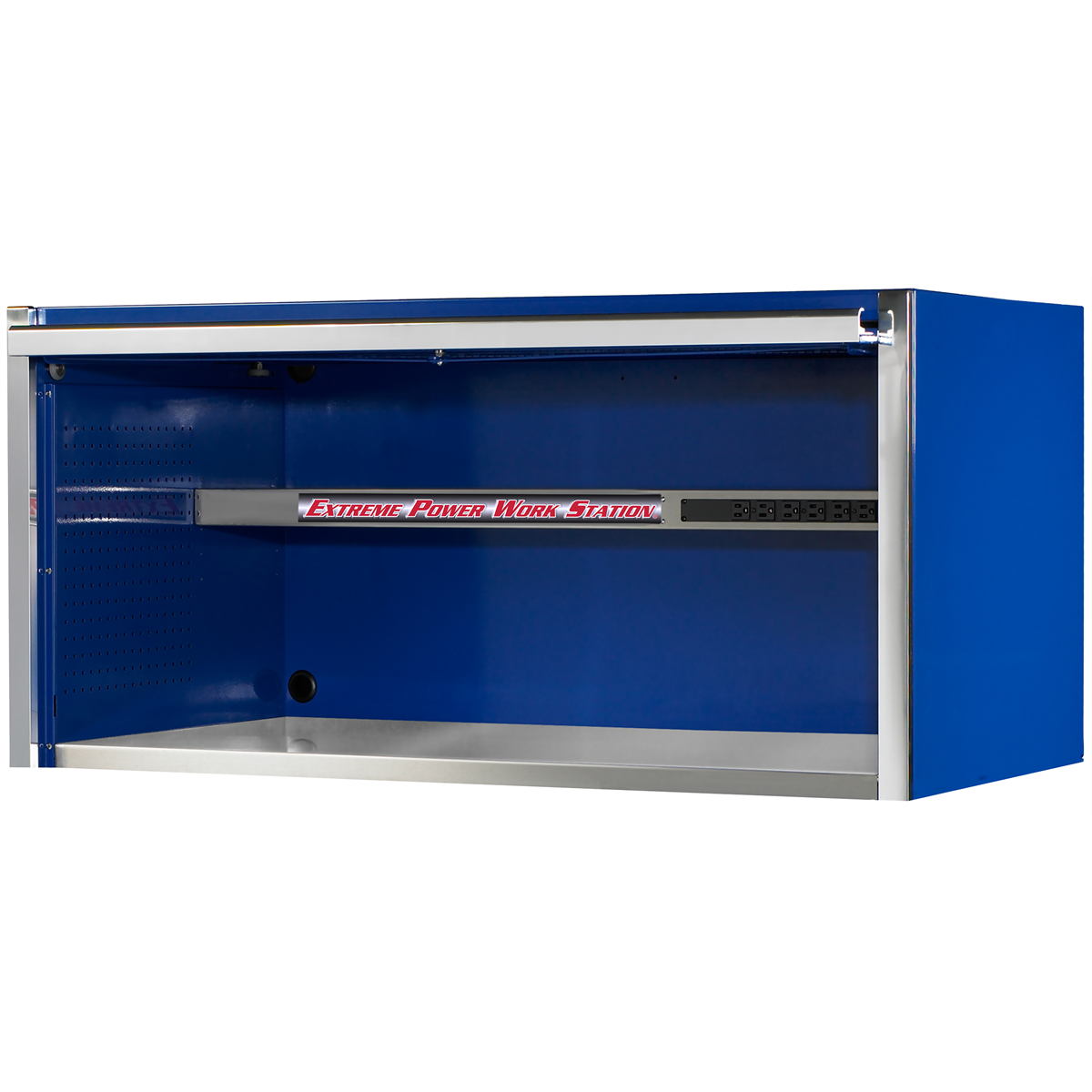 extreme-tools-EXQ-series-55in-W-x-30in-D-professional-extreme-power-workstation-hutch-blue-w-chrome-handle-EXTEX5501HCQBLCR.png Extreme Tools EXQ Series 55” W x 30'' D Power Workstation Hutch – Stainless Steel Top, Built-in Power Strip, Blue with Chrome Handle (EXTEX5501HCQBLCR) - Image 1