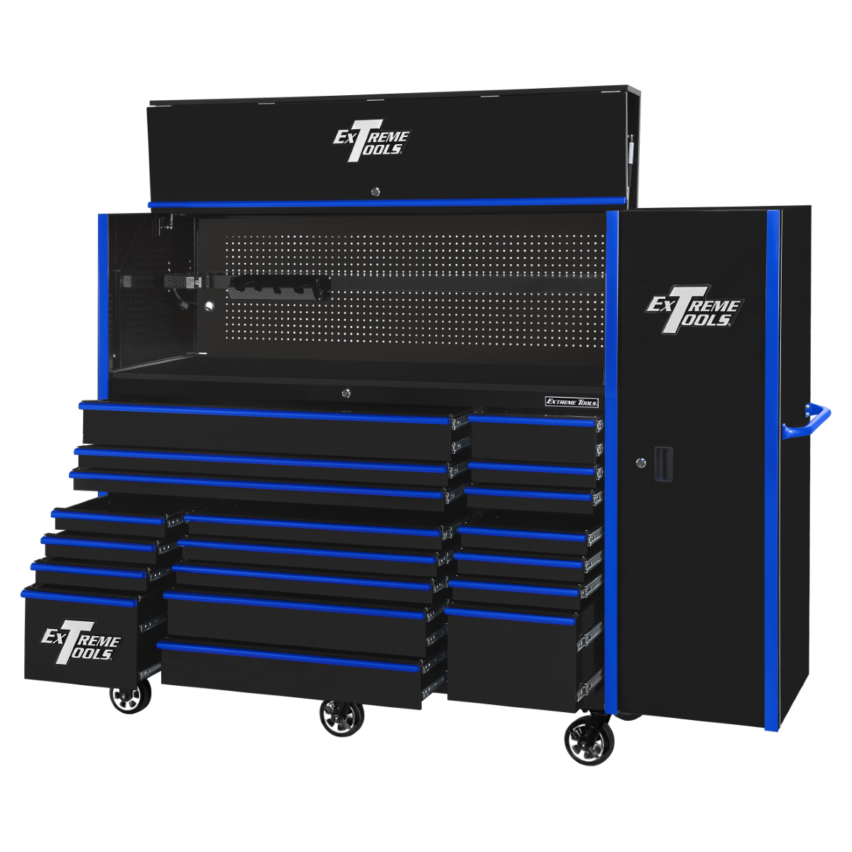 extreme-tools-RX-series-72in-W-x-25in-D-professional-extreme-power-workstation-hutch-19-drawer-roller-cabinet-150lbs-slides-and-19in-3-drawer-side-locker-combo-black-w-blue-Dr-pulls-E.png Extreme Tools RX Series 72" Pro Workstation Combo – 19-Drawer Cabinet & Hutch (Black/Blue Pulls, 25" Depth) EXTRX7225HRSKC - Image 1