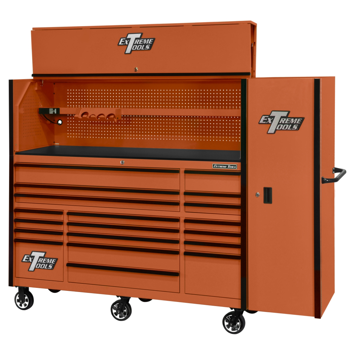 extreme-tools-RX-series-72in-W-x-30in-D-professional-extreme-power-workstation-hutch-19-drawer-roller-cabinet-250lbs-slides-and-19in-3-drawer-side-locker-combo-orange-w-black-Dr-pulls.png Extreme Tools RX Series 72" Workstation Combo – 19-Drawer Cabinet, Hutch & Side Locker (Orange/Black) EXTRX7230HRSOK - Image 1