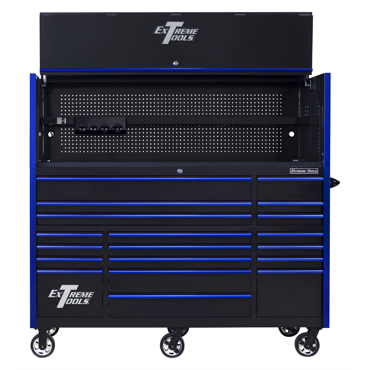 extreme-tools-RX-series-72inch-W-x-30inch-D-pro-hutch-_-19drawer-roller-cabinet-combo-black-w-blue-drawer-pulls-EXTRX723020HRKU_61a91d94-b9a0-4343-9a3a-94be6f4c47aa.png Extreme Tools RX Series 72" Pro Workstation Combo – 19-Drawer Cabinet & Hutch (Black/Blue Pulls) EXTRX723020HRKU - Image 1