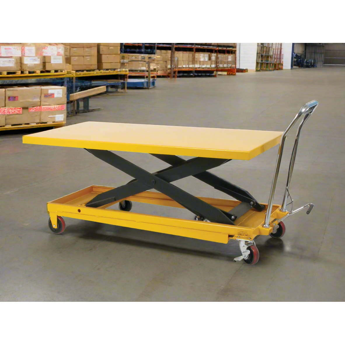 wesco-industrial-products-1100lb-capacity-long-deck-scissors-table-273261.png Wesco 273261 Long‑Deck Scissors Lift Table – 1,100 lb Capacity, 63″×32″ Platform - Image 1