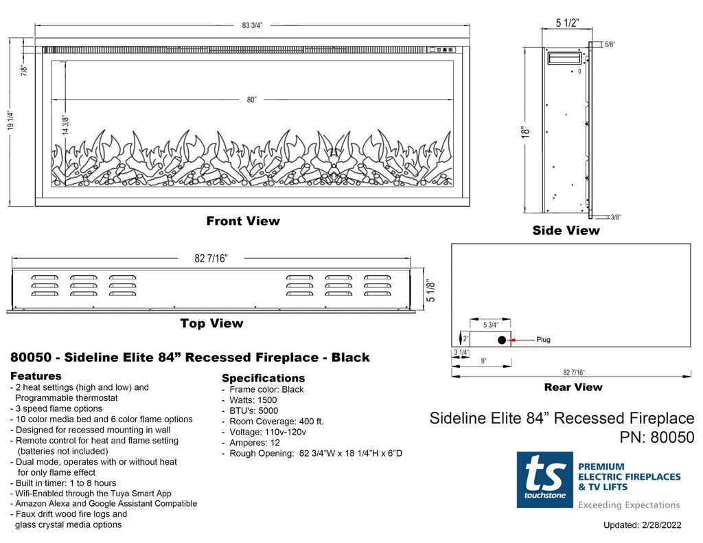 Touchstone Sideline Elite 84 Smart WiFi Enabled Electric Fireplace dimensional drawings